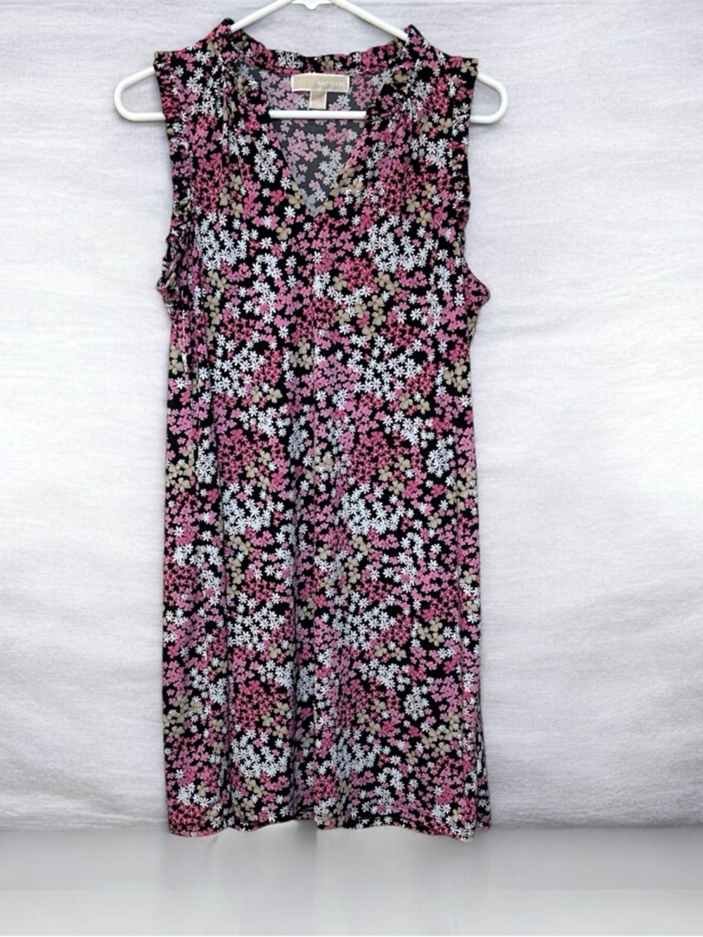 Michael Kors Black Midi Dress with Pink & White Floral Print EUC Size Large